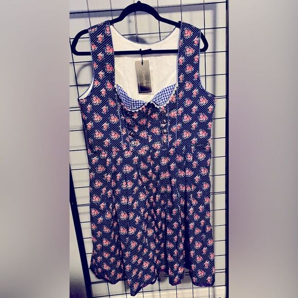 Glorystar retro style navy dress with floral and polka dot pattern NWOT - Picture 1 of 10
